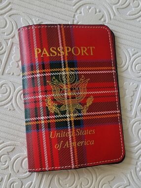 Baekgaard Passport Holder Red Tartan Plaid Gold Emblem Travel Vacation Unisex